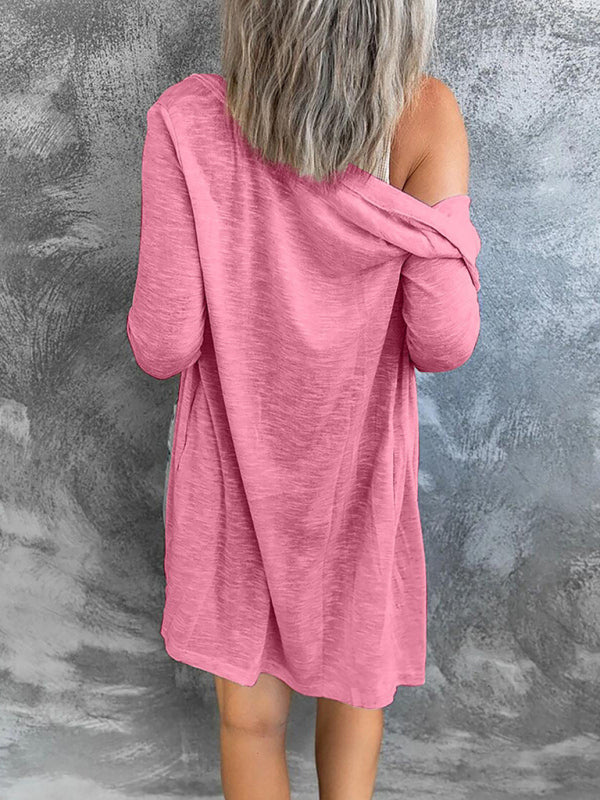 Women’s long button solid color casual long-sleeved knitted cardigan for women