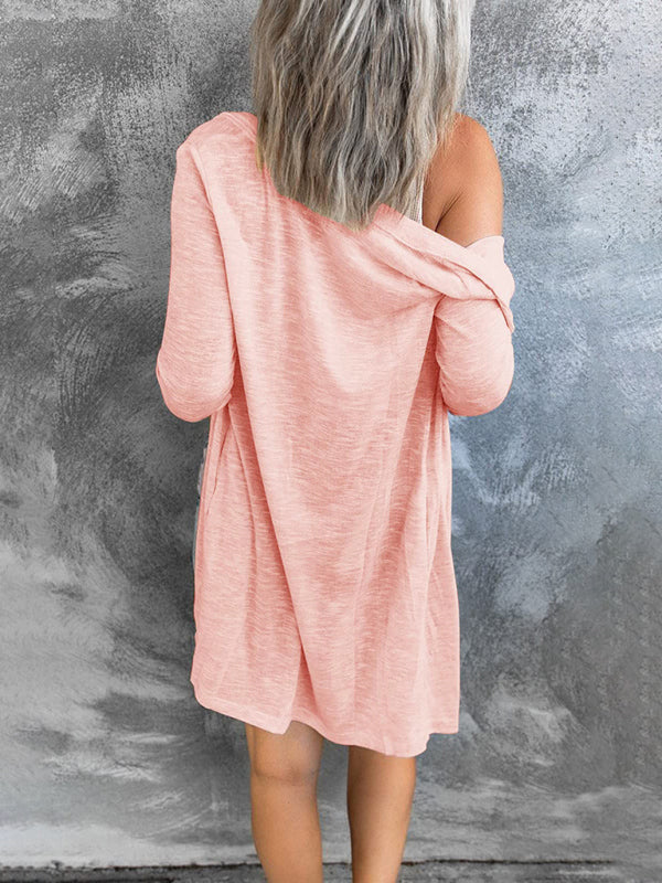 Women’s long button solid color casual long-sleeved knitted cardigan for women