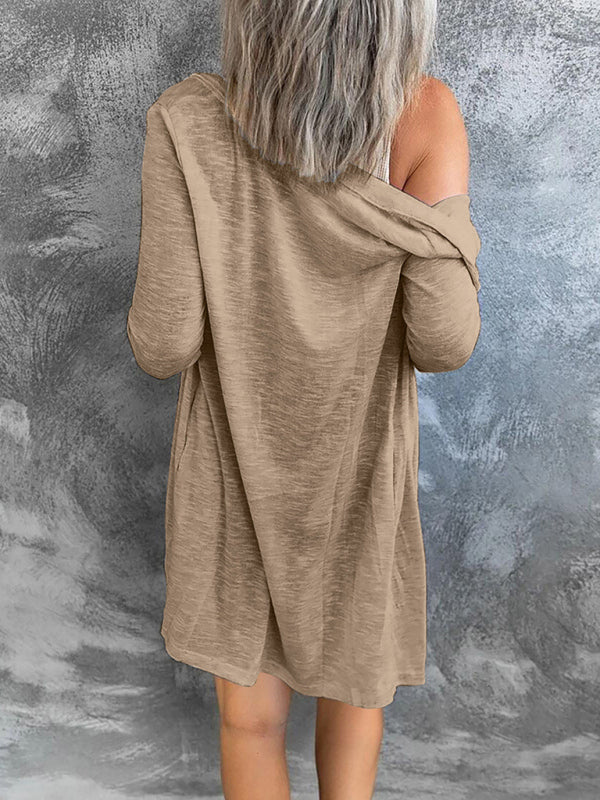 Women’s long button solid color casual long-sleeved knitted cardigan for women