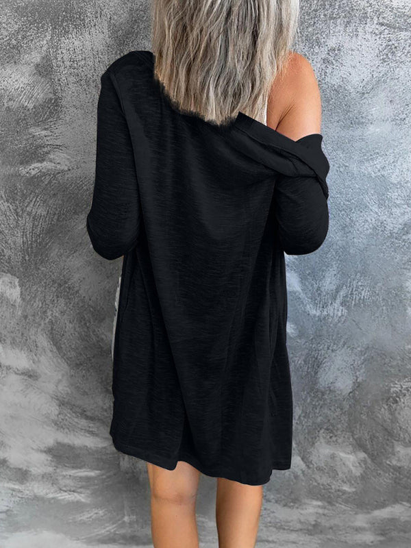 Women’s long button solid color casual long-sleeved knitted cardigan for women