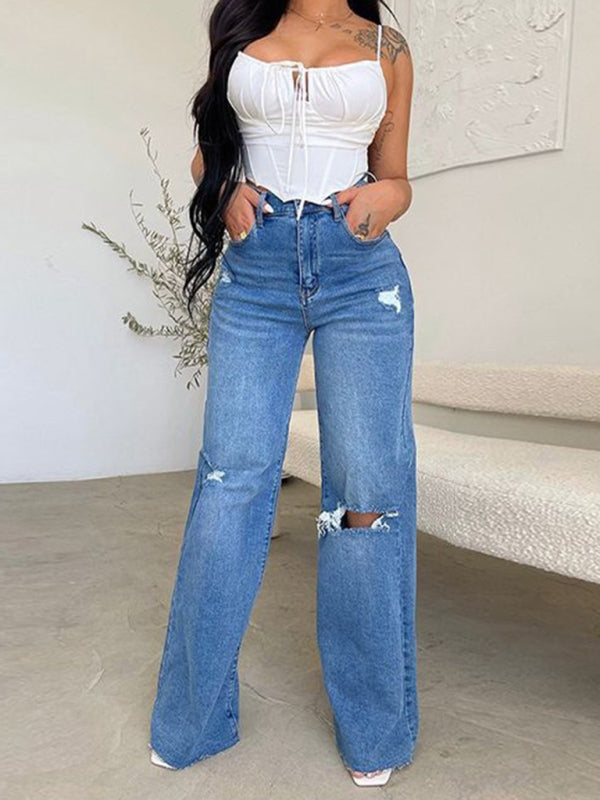 Women’s long high waist ripped raw edge comfortable wide leg jeans - Purplish blue navy / S