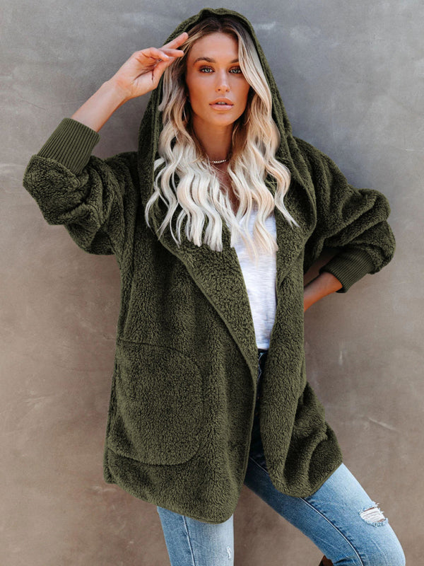 Women’s Long Sleeve Jacket Casual Hooded Solid Color Cardigan Plush Women