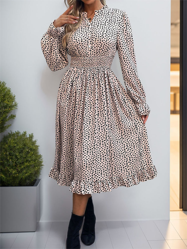 Women’s long sleeve leopard print dress - Khaki / S
