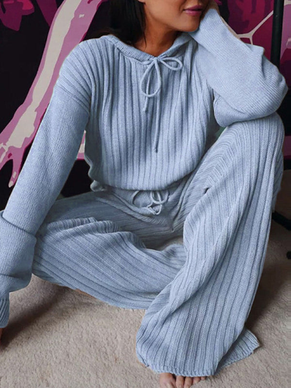 Women’s Long Sleeve Loose Hooded Casual Home Set - Sky blue azure / S