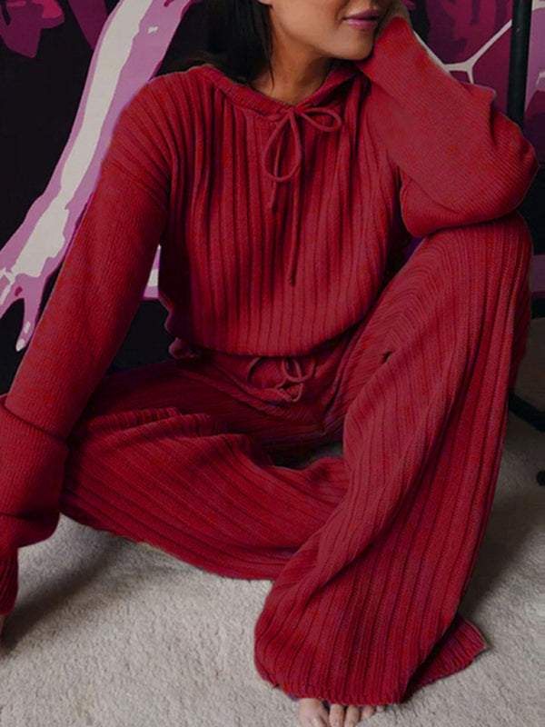 Women’s Long Sleeve Loose Hooded Casual Home Set - Wine Red / S