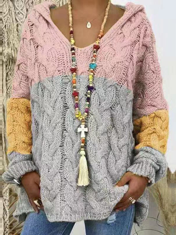 Women’s long-sleeved hooded V-neck knitted loose pullover sweater (without necklace) - Pattern1 / S