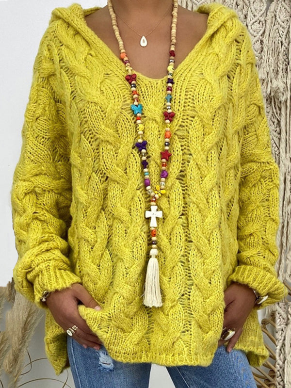 Women’s long-sleeved hooded V-neck knitted loose pullover sweater (without necklace) - Yellow / XL