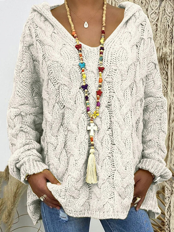 Women’s long-sleeved hooded V-neck knitted loose pullover sweater (without necklace) - White / S