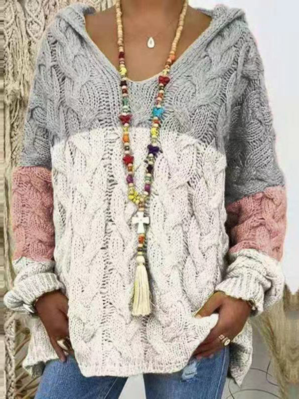 Women’s long-sleeved hooded V-neck knitted loose pullover sweater (without necklace) - Pattern2 / S