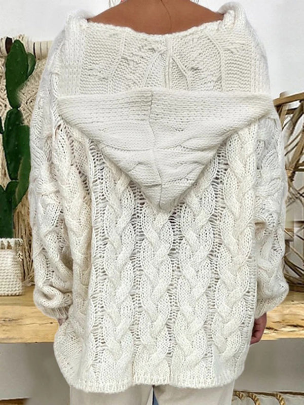 Women’s long-sleeved hooded V-neck knitted loose pullover sweater (without necklace)