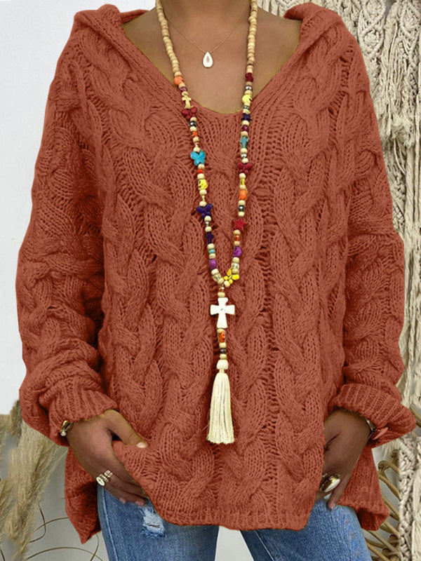 Women’s long-sleeved hooded V-neck knitted loose pullover sweater (without necklace) - Brick red / M