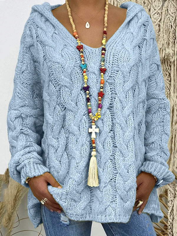 Women’s long-sleeved hooded V-neck knitted loose pullover sweater (without necklace) - Sky blue azure / S