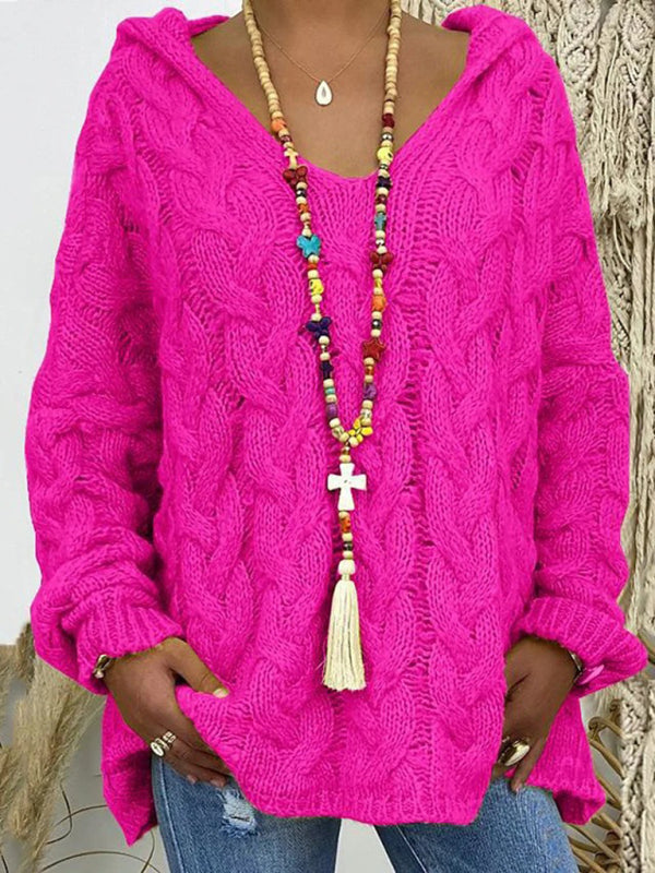 Women’s long-sleeved hooded V-neck knitted loose pullover sweater (without necklace) - Rose / S