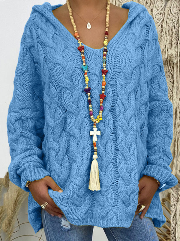 Women’s long-sleeved hooded V-neck knitted loose pullover sweater (without necklace) - Purplish blue navy / XL