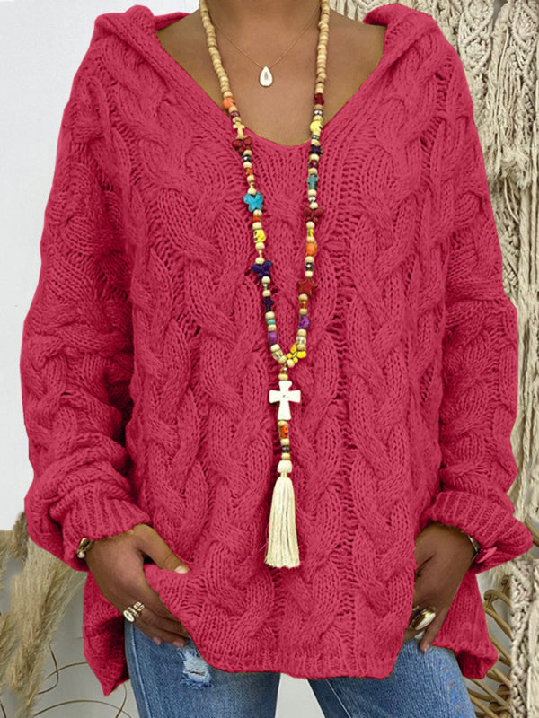 Women’s long-sleeved hooded V-neck knitted loose pullover sweater (without necklace) - Watermelon Red / S