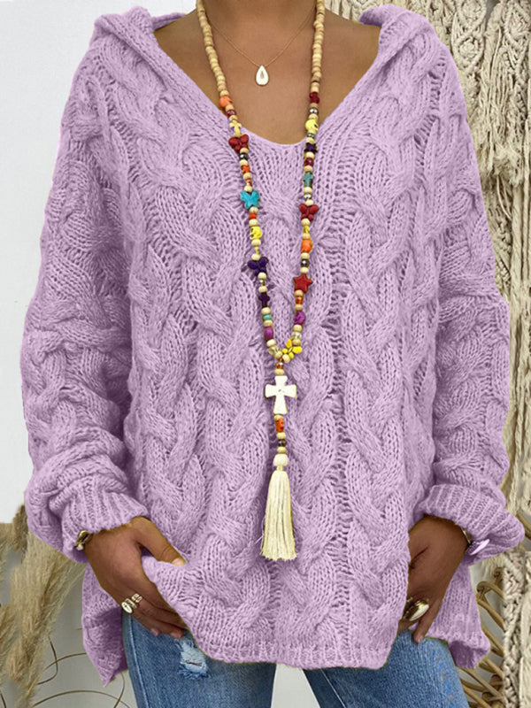 Women’s long-sleeved hooded V-neck knitted loose pullover sweater (without necklace) - Purple / 3XL