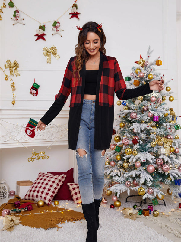 Women’s loose color blocking Christmas print casual cardigan