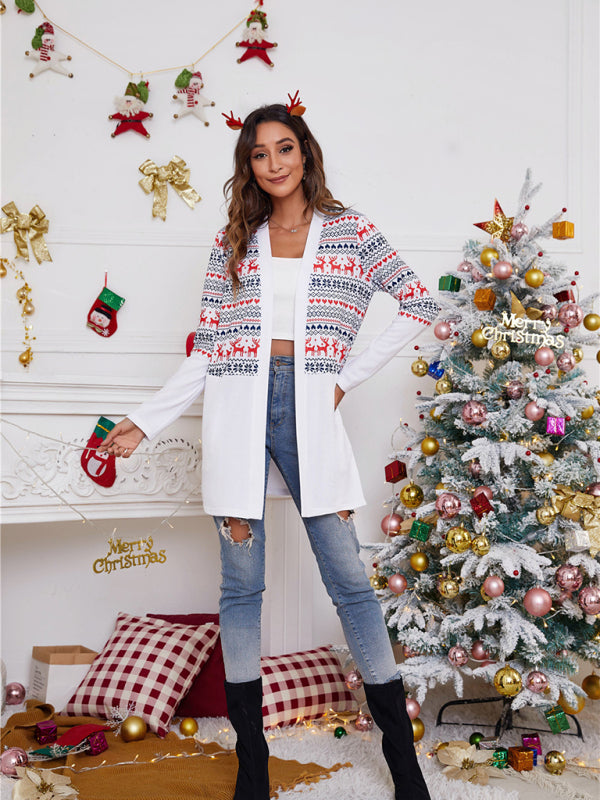 Women’s loose color blocking Christmas print casual cardigan