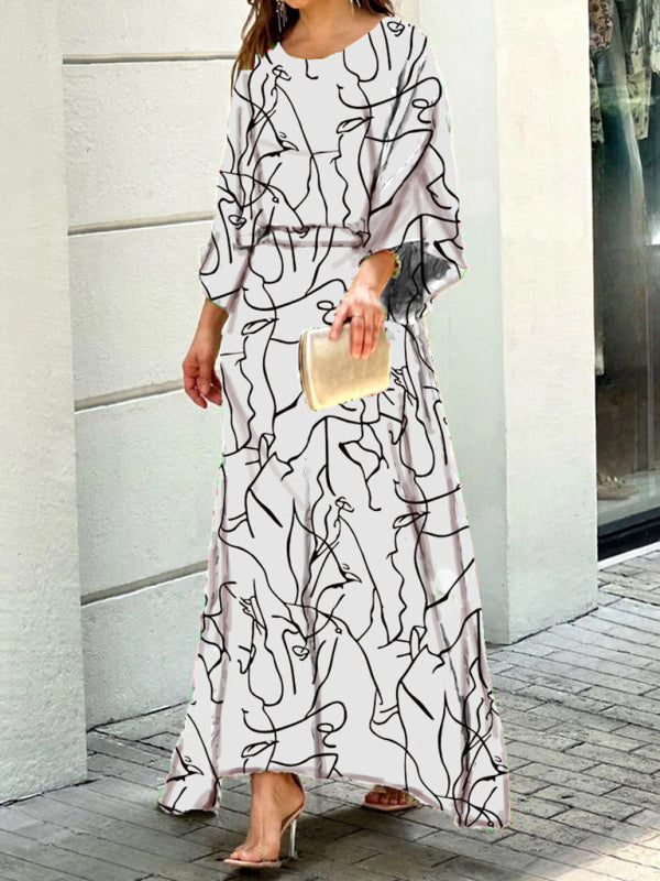 Women’s loose printed long-sleeved top and high waist skirt two-piece set - White / S