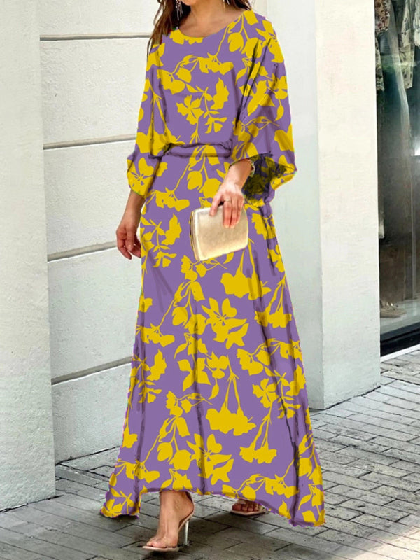 Women’s loose printed long-sleeved top and high waist skirt two-piece set - Purple / S