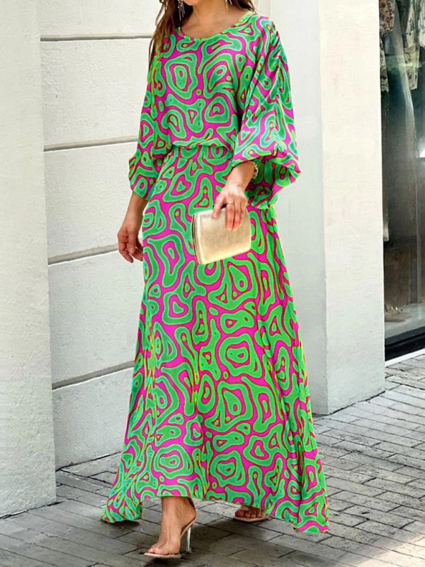 Women’s loose printed long-sleeved top and high waist skirt two-piece set - Olive green / S