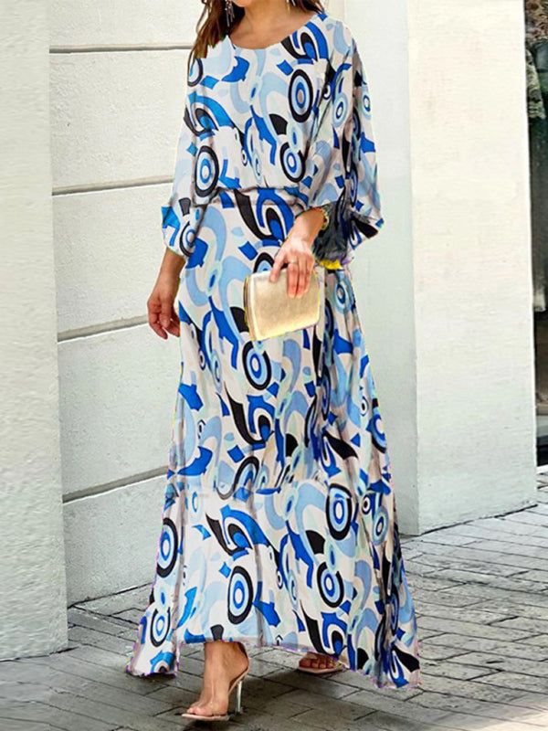 Women’s loose printed long-sleeved top and high waist skirt two-piece set - Blue / S
