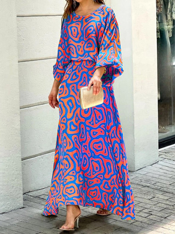 Women’s loose printed long-sleeved top and high waist skirt two-piece set - Blue purple grey / S