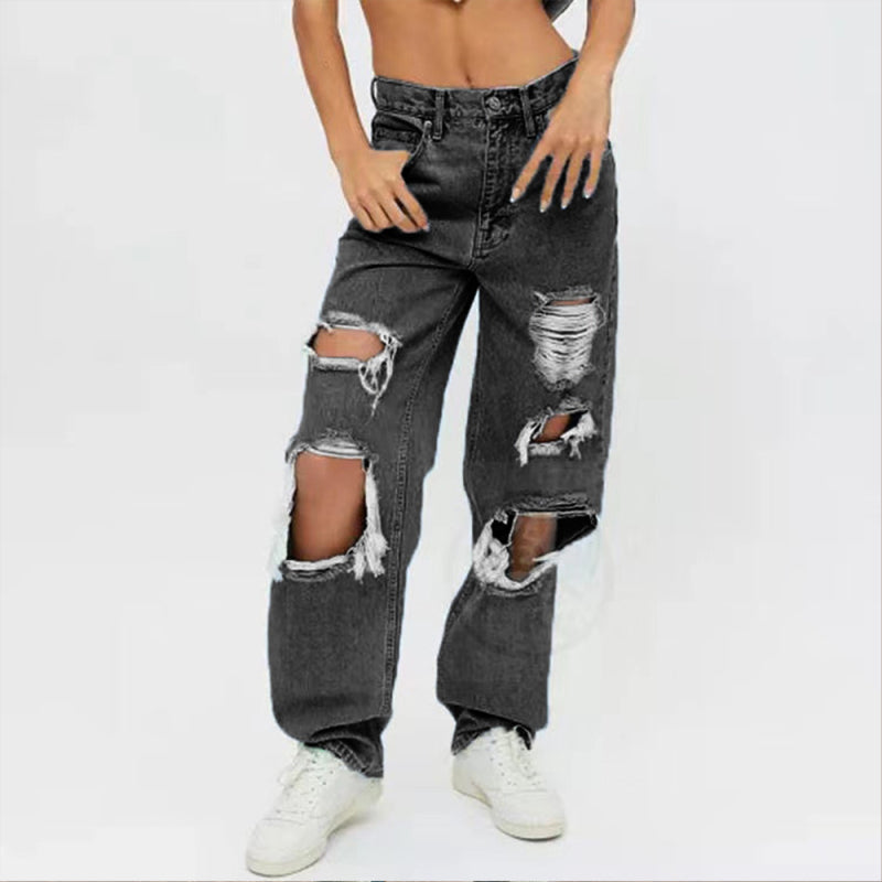Women’s Loose Ripped Straight Denim Trousers - Black / XS
