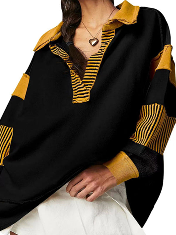 Women’s loose V-neck casual long-sleeved patchwork sweatshirt