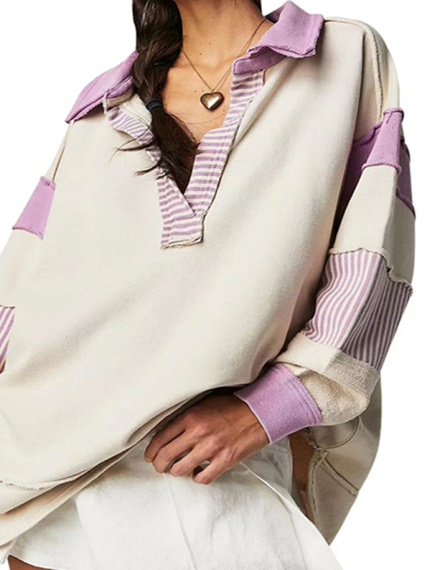 Women’s loose V-neck casual long-sleeved patchwork sweatshirt