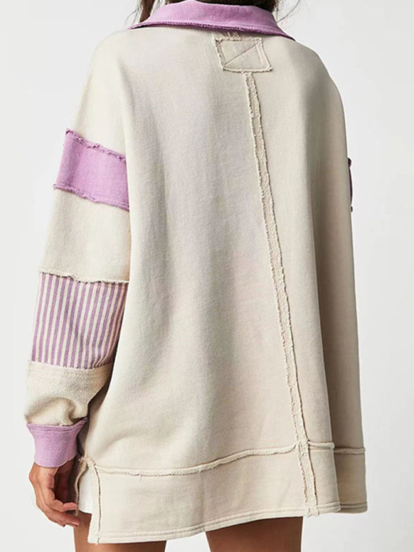 Women’s loose V-neck casual long-sleeved patchwork sweatshirt