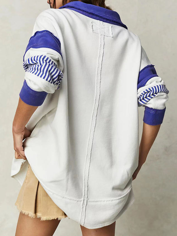 Women’s loose V-neck casual long-sleeved patchwork sweatshirt