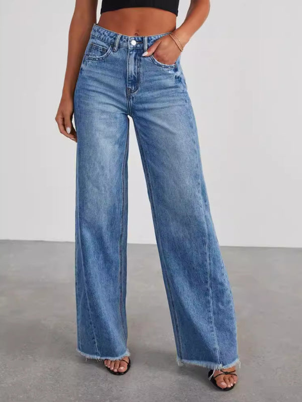 Women’s Loose Wide Leg Side Seam Paneled Frayed Hem Jeans - Denim Blue / S