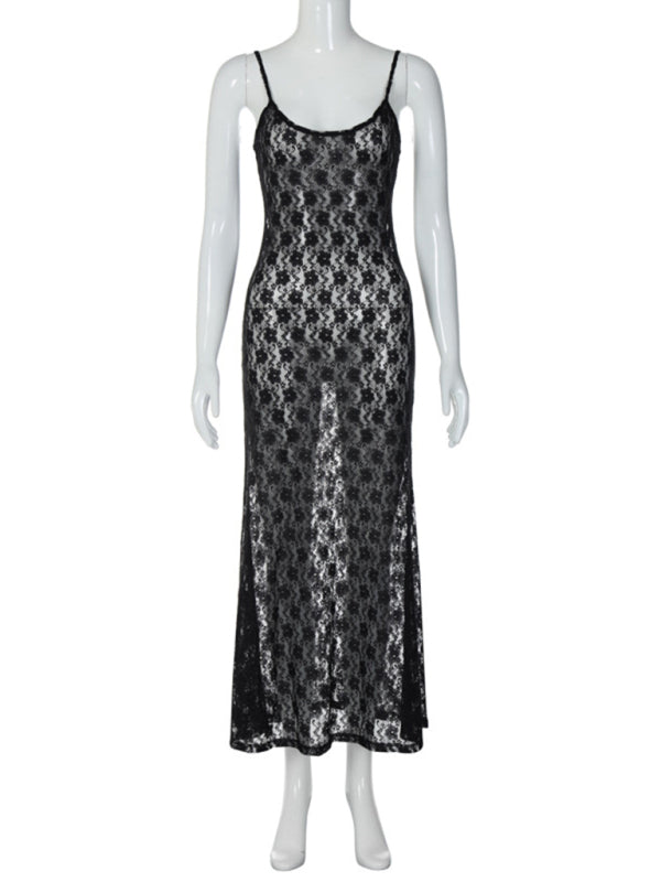 Women’s mesh suspender sexy backless long dress