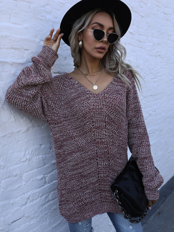 Women’s Mid Length Mixed Color Long Sleeve Loose V-Neck Sweater - Wine Red / S