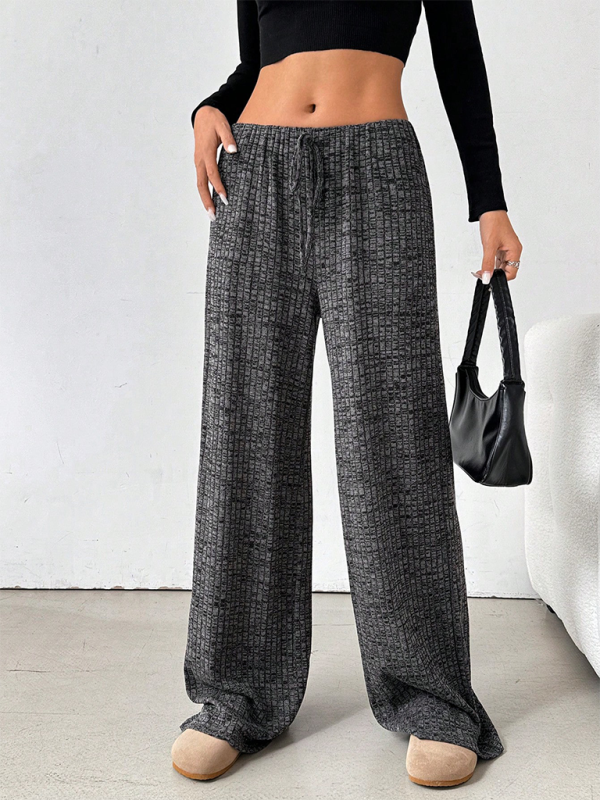 Women’s new casual striped solid color rubber band drawstring straight leg pants - Black / S