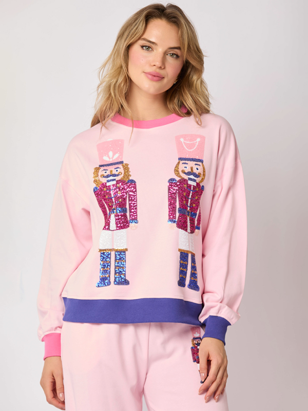 Women’s New Christmas Soldier Sequins Color Blocking Fashion Casual Sweatshirt Two Piece Set - Pink / S
