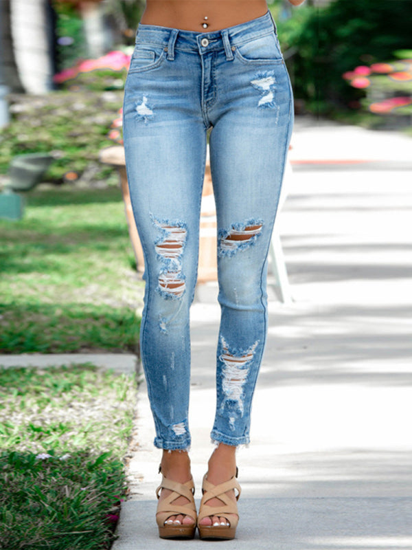 Women’s New Elastic Slim-fitting Ripped Sexy Small Foot Jeans - Blue / S