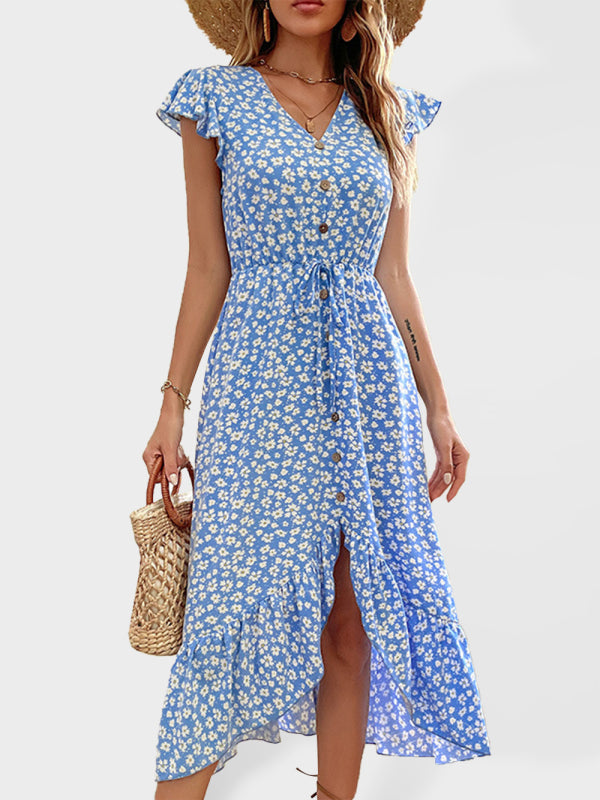 Women’s New Fashion Irregular Printed Dress Mid Length - Blue / S