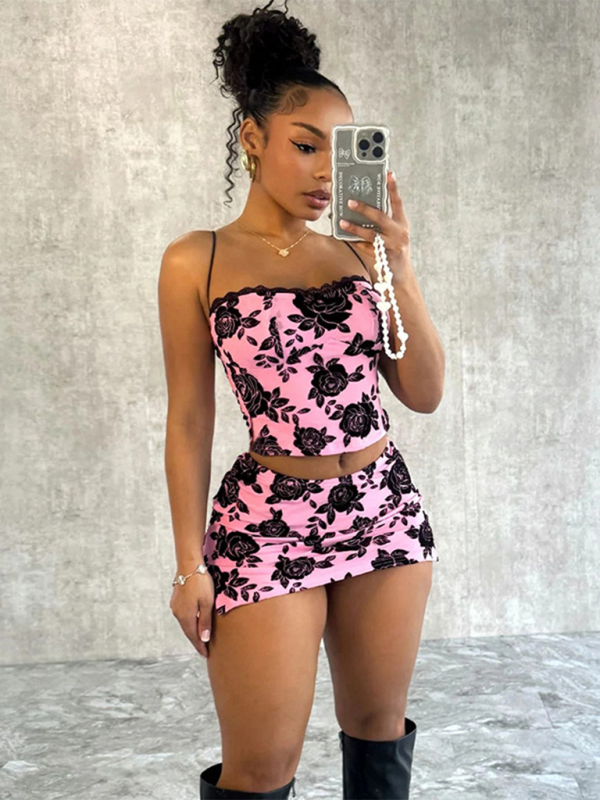Pink floral two-piece outfit with hip skirt, ideal for stylish women’s fashion