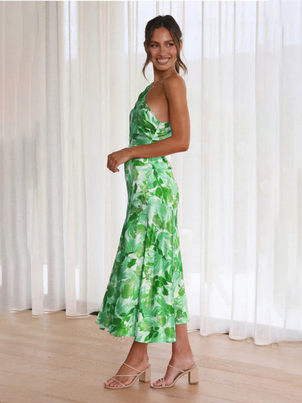 Women’s new fashionable temperament slant neck suspender fishtail print dress