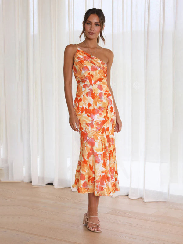 Women’s new fashionable temperament slant neck suspender fishtail print dress