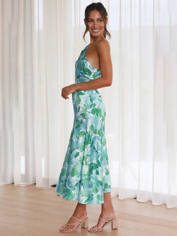Women’s new fashionable temperament slant neck suspender fishtail print dress