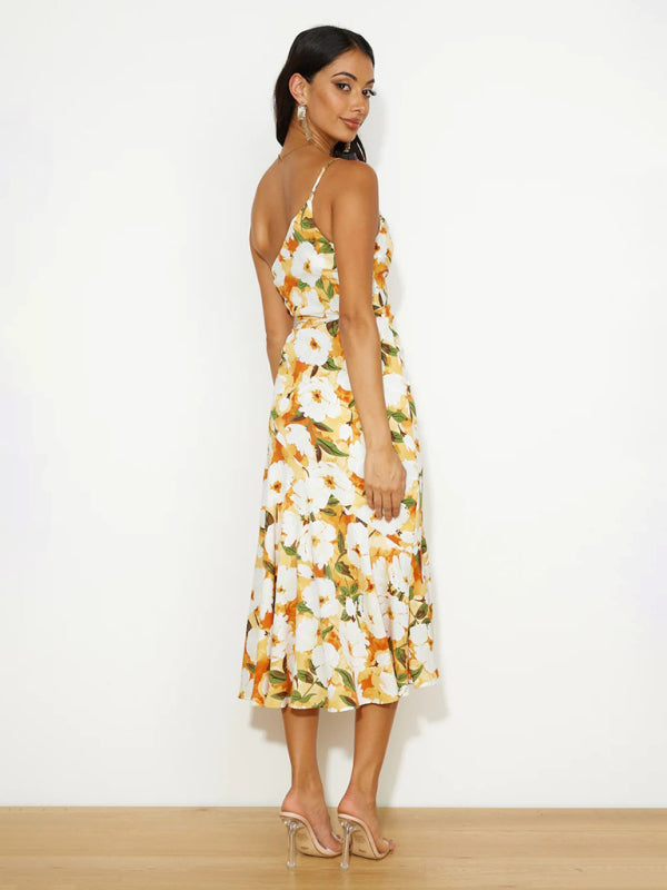 Women’s new fashionable temperament slant neck suspender fishtail print dress