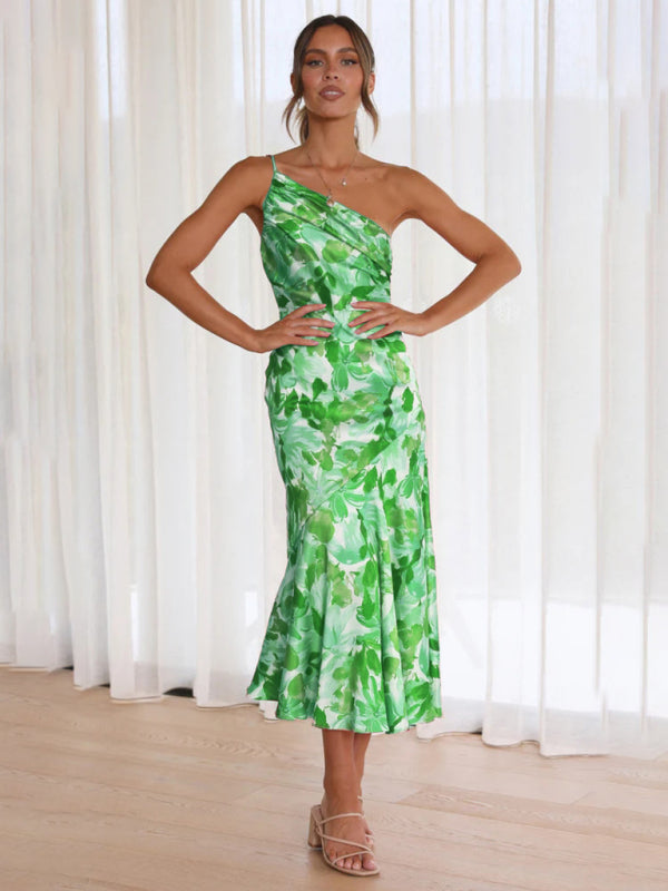 Women’s new fashionable temperament slant neck suspender fishtail print dress - Green / S