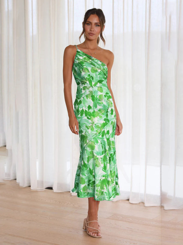 Women’s new fashionable temperament slant neck suspender fishtail print dress