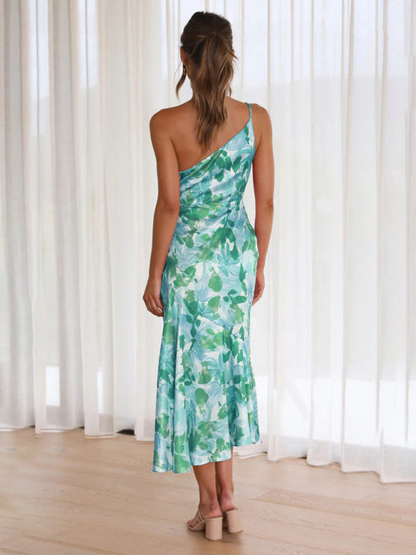 Women’s new fashionable temperament slant neck suspender fishtail print dress
