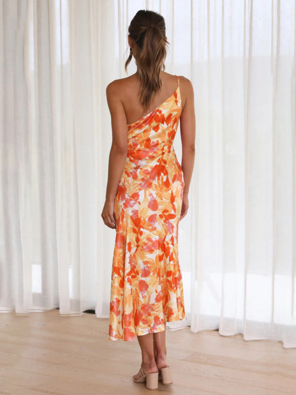 Women’s new fashionable temperament slant neck suspender fishtail print dress
