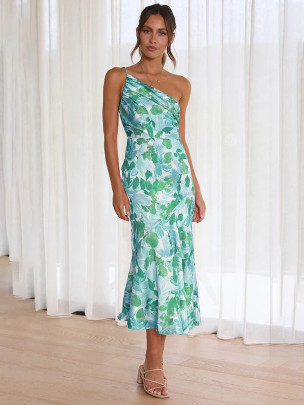 Women’s new fashionable temperament slant neck suspender fishtail print dress