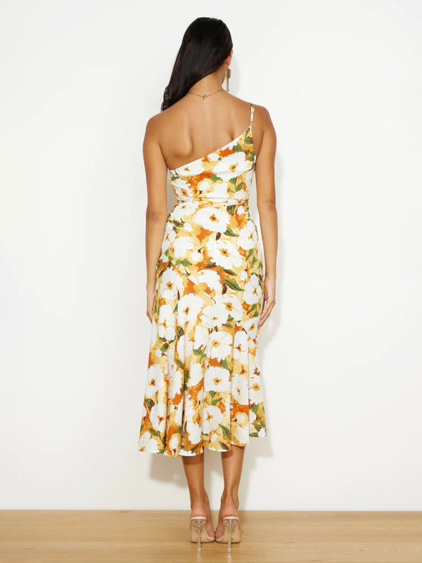 Women’s new fashionable temperament slant neck suspender fishtail print dress
